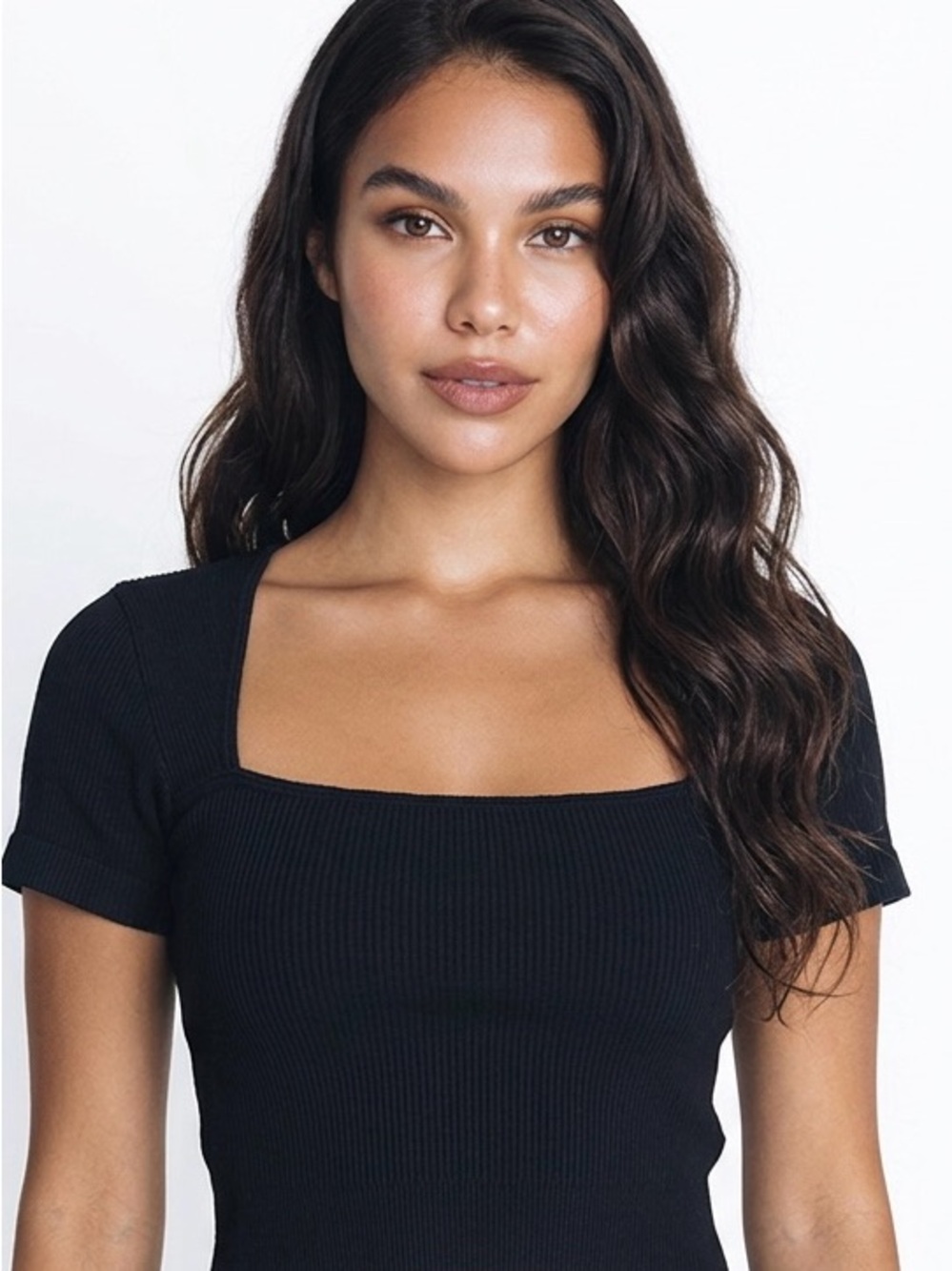 OQQ | Black Square Neck Ribbed Short Sleeve Cropped Top Women’s Size Medium
